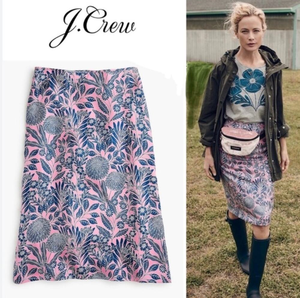 J.Crew x Abigail Borg Silk Pencil Skirt Size 2, Pink Floral Preppy Cottagecore